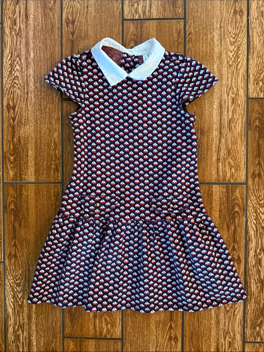 Janie & Jack Navy Dress with Red and White Sailboat Print and White Collar